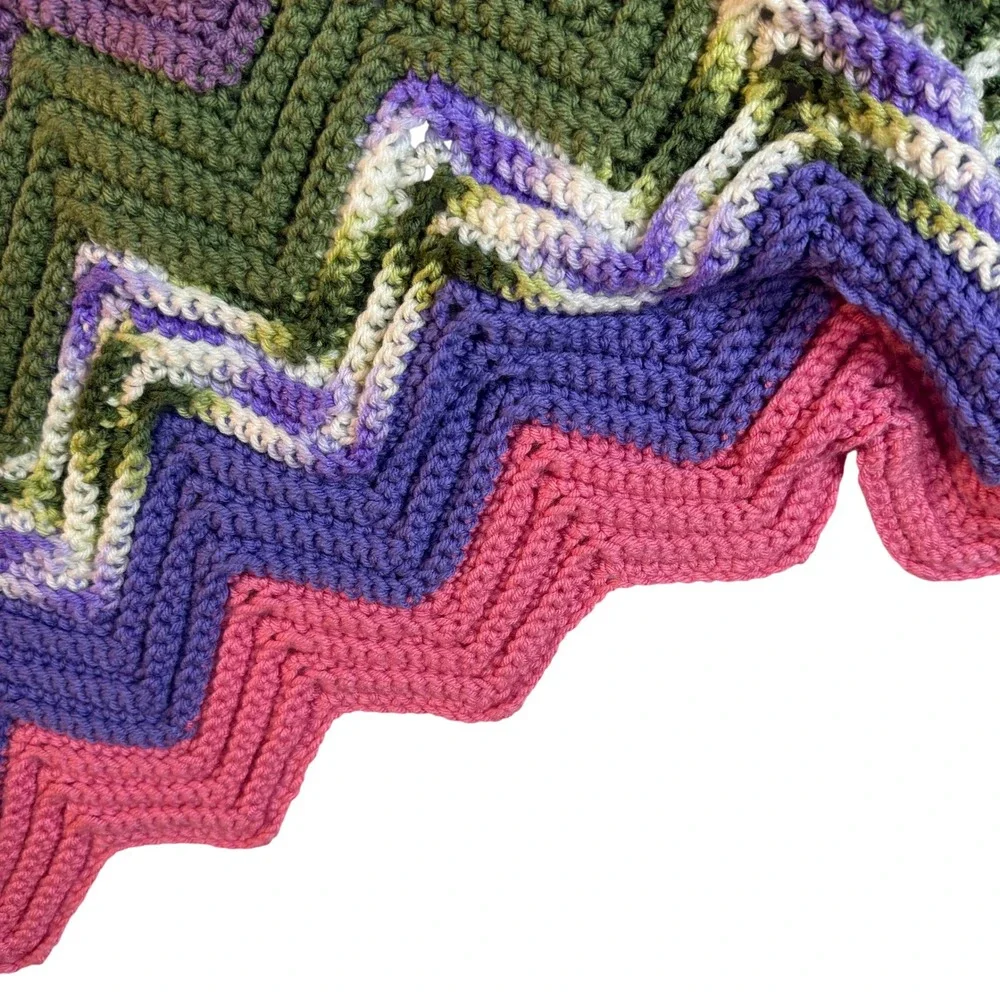 Vintage 70 Crochet Afghan Blanket Chevron Zig Zag Multicolor Handmade Boho Throw